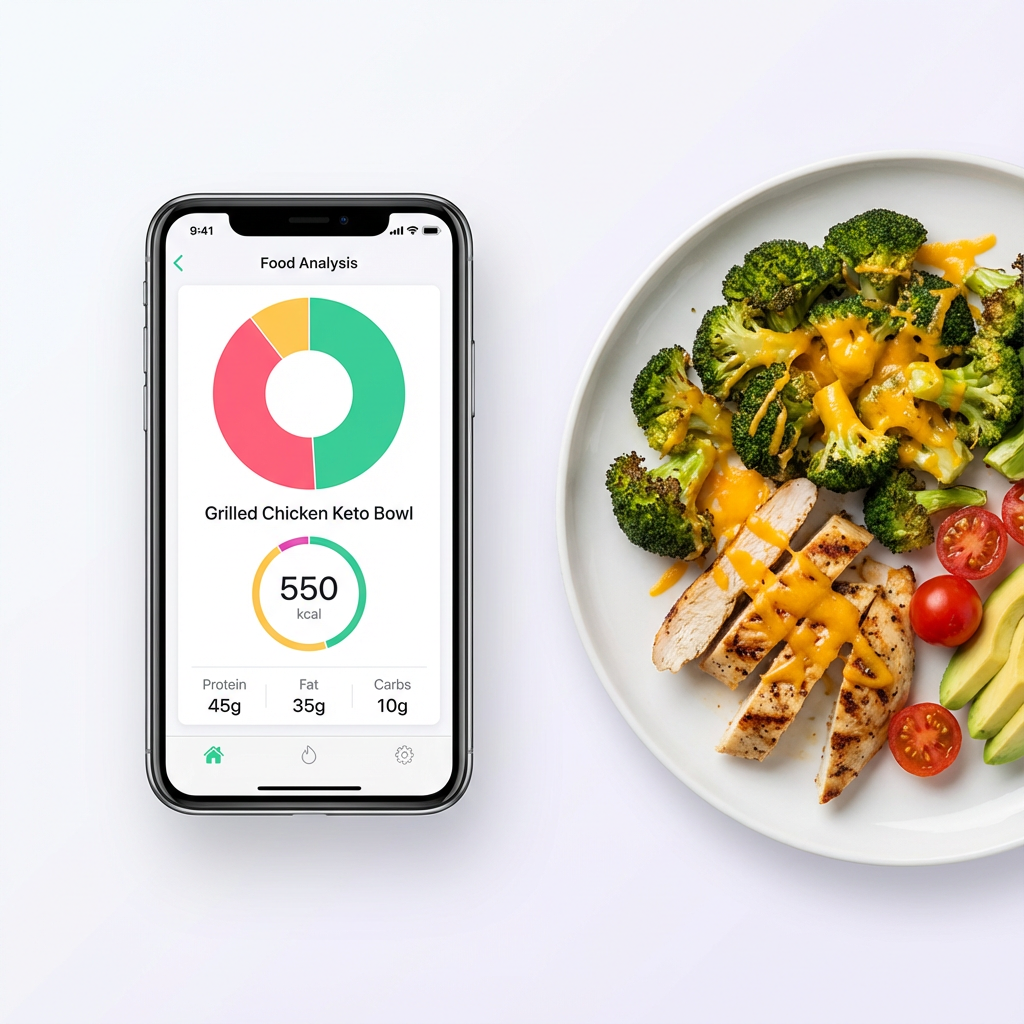 Phone showing meal analysis with keto bowl